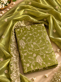 Olive Green Floral Embroidered Suit Set