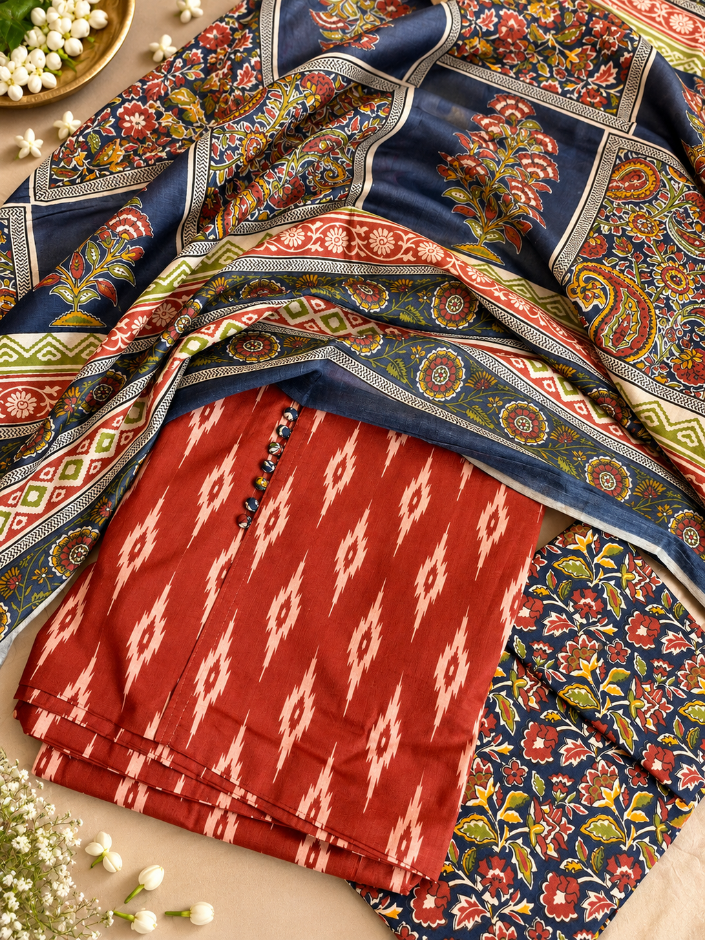 Rust Ikat Print Unstitched Suit Set