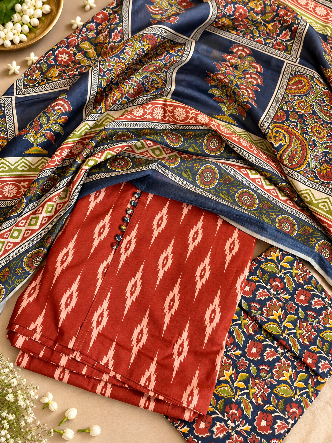 Rust Ikat Print Unstitched Suit Set