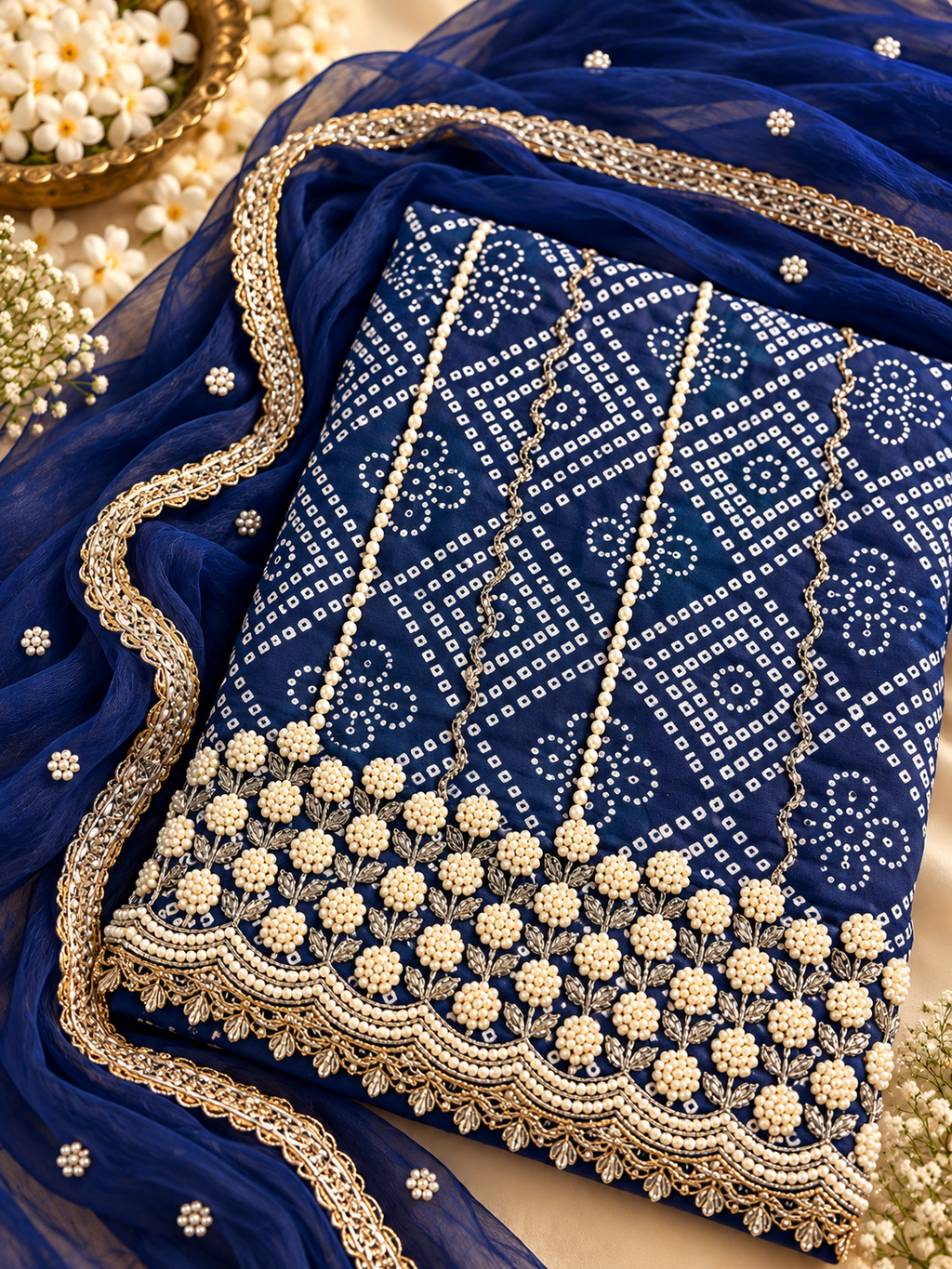 Royal Blue Unstitched Suit Set with Pearl Embellishments & Golden Border Dupatta