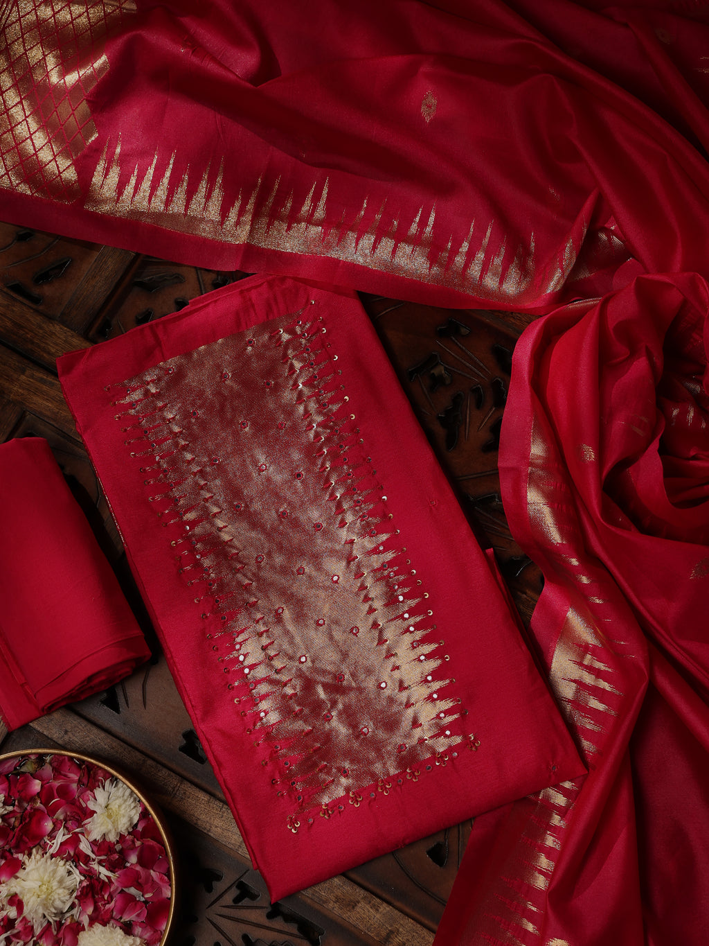 Hot Pink Unstitched Suit Set with Woven Gold Detailing on Kurta & Dupatta