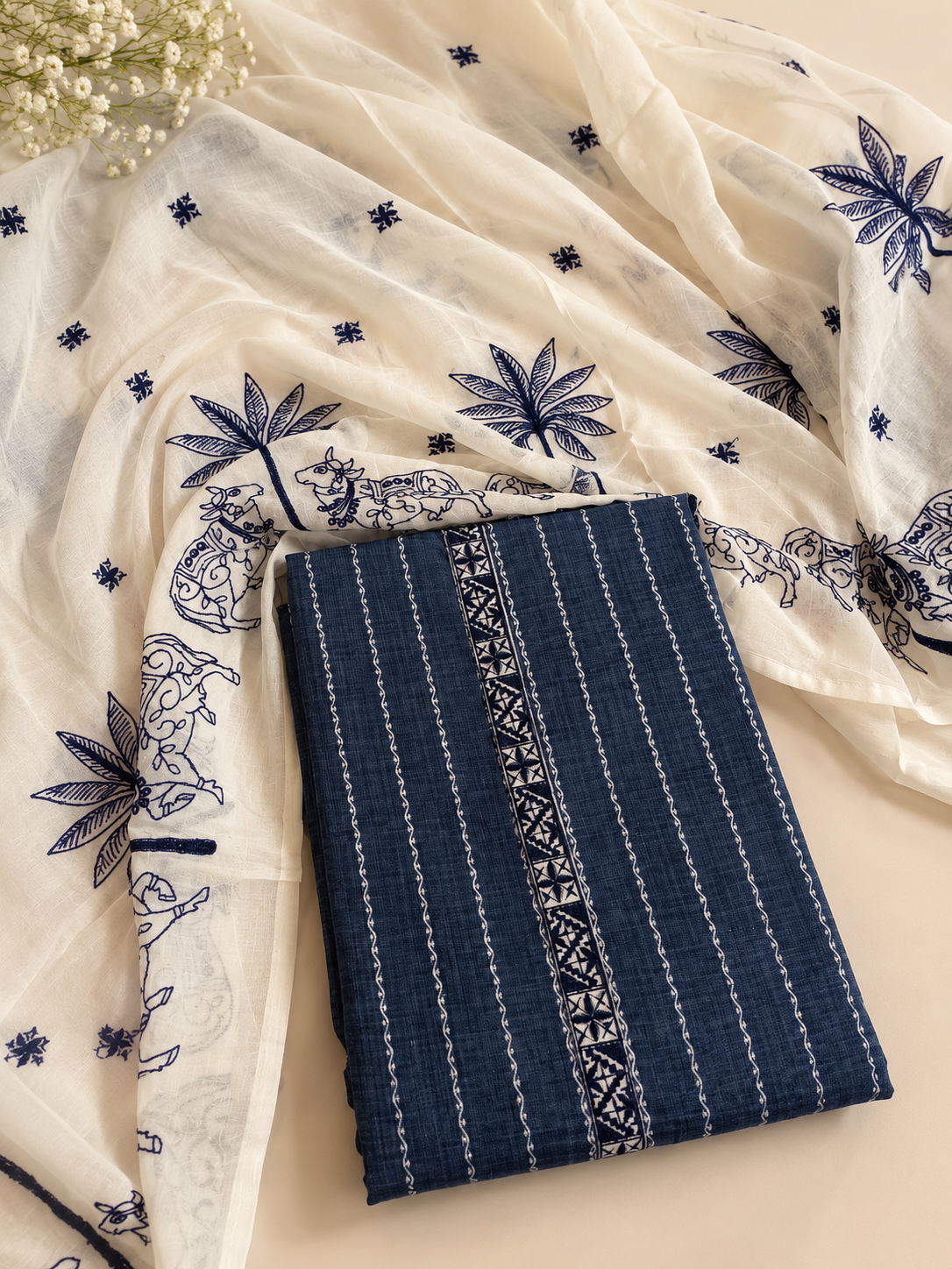 Ivory & Navy Blue Printed Unstitched Suit Set