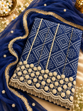 Royal Blue Unstitched Suit Set with Pearl Embellishments & Golden Border Dupatta