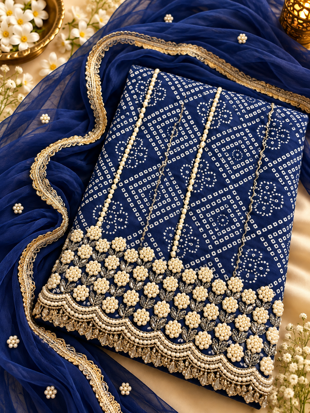 Royal Blue Unstitched Suit Set with Pearl Embellishments & Golden Border Dupatta