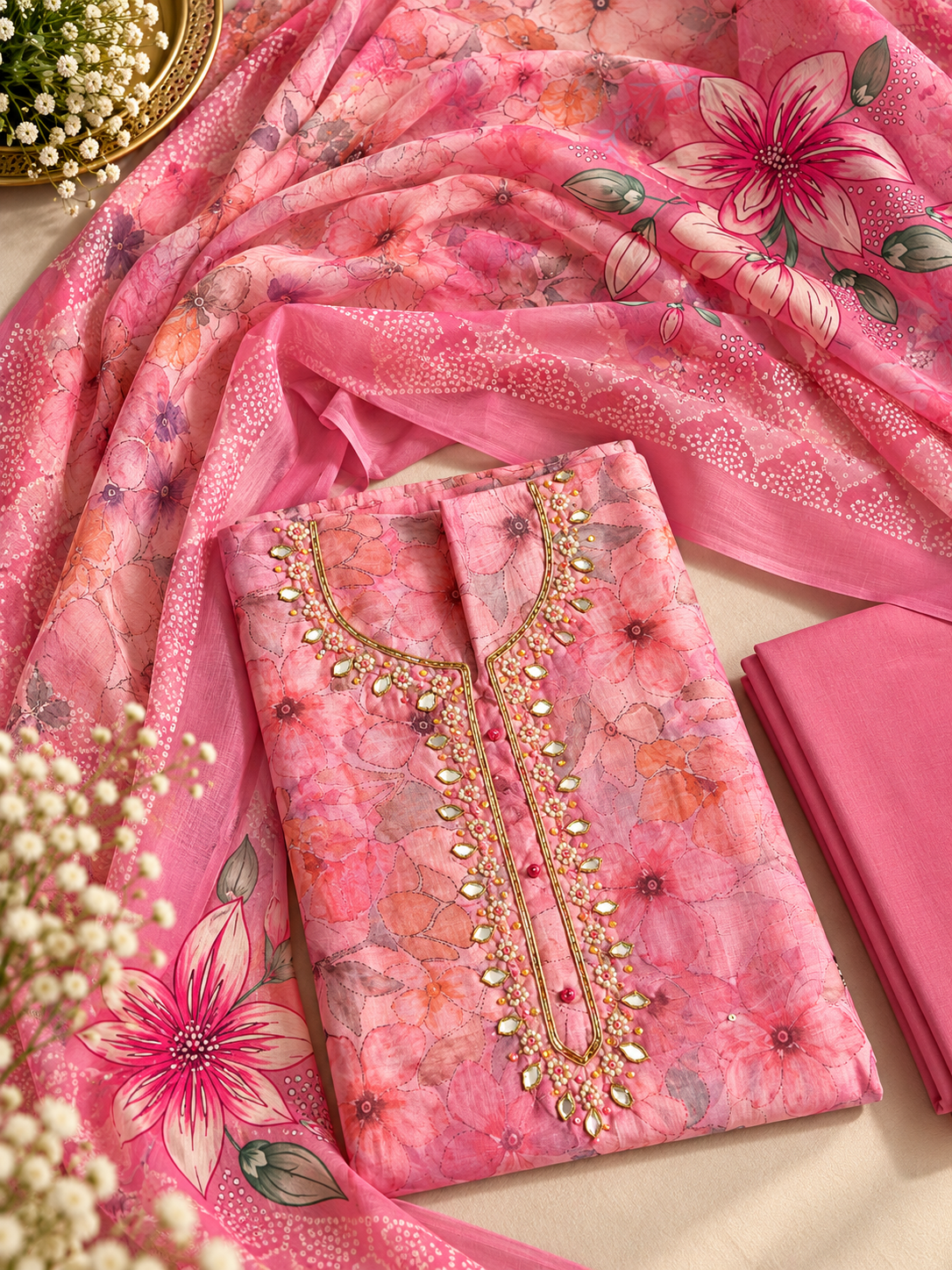 Pink Floral Printed Embellished Unstitched Suit Set