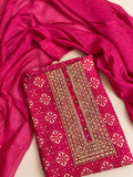 Rani Pink Printed Unstitched Suit Set with Gold Embellished Neckline & Matching Dupatta