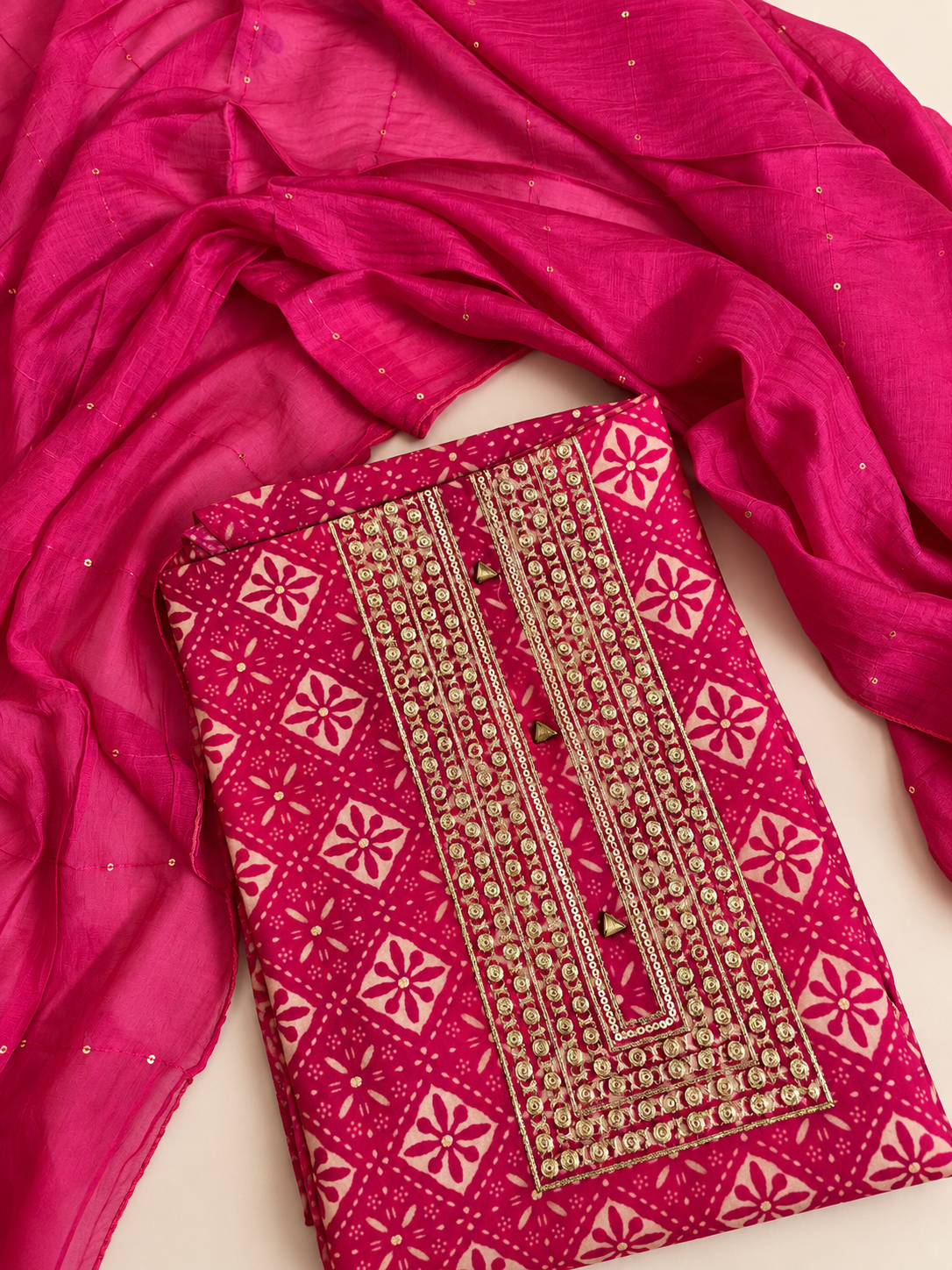 Rani Pink Printed Unstitched Suit Set with Gold Embellished Neckline & Matching Dupatta