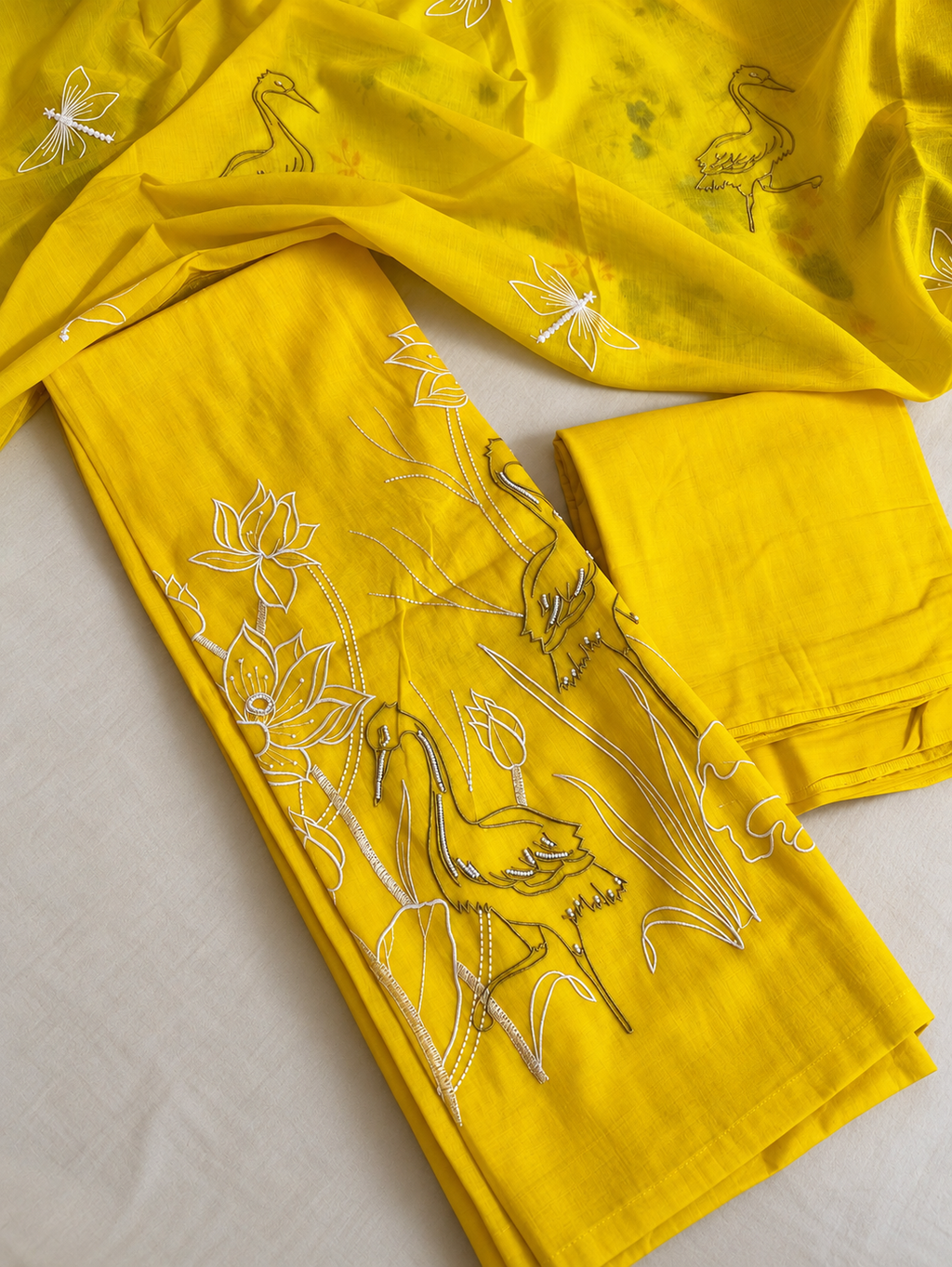 Yellow Mul Cotton Floral Embroidered Suit Set