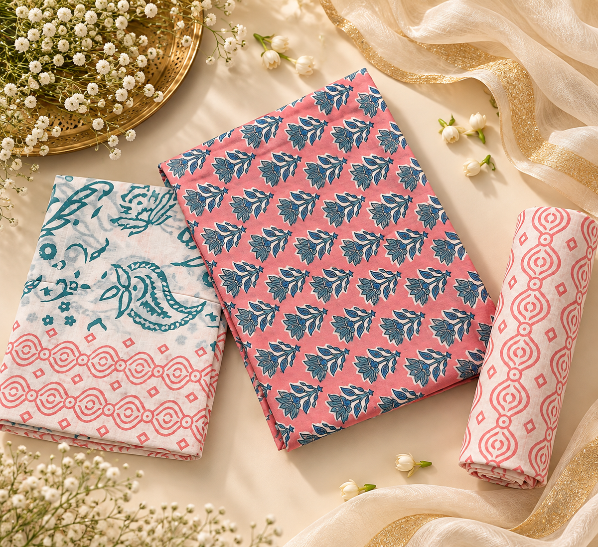 Pink Floral Cotton Hand Block Print Unstitched Suit Set