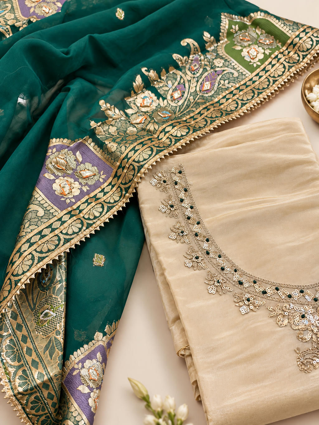 Cream & Green Embroidered Festive Unstitched Suit Set