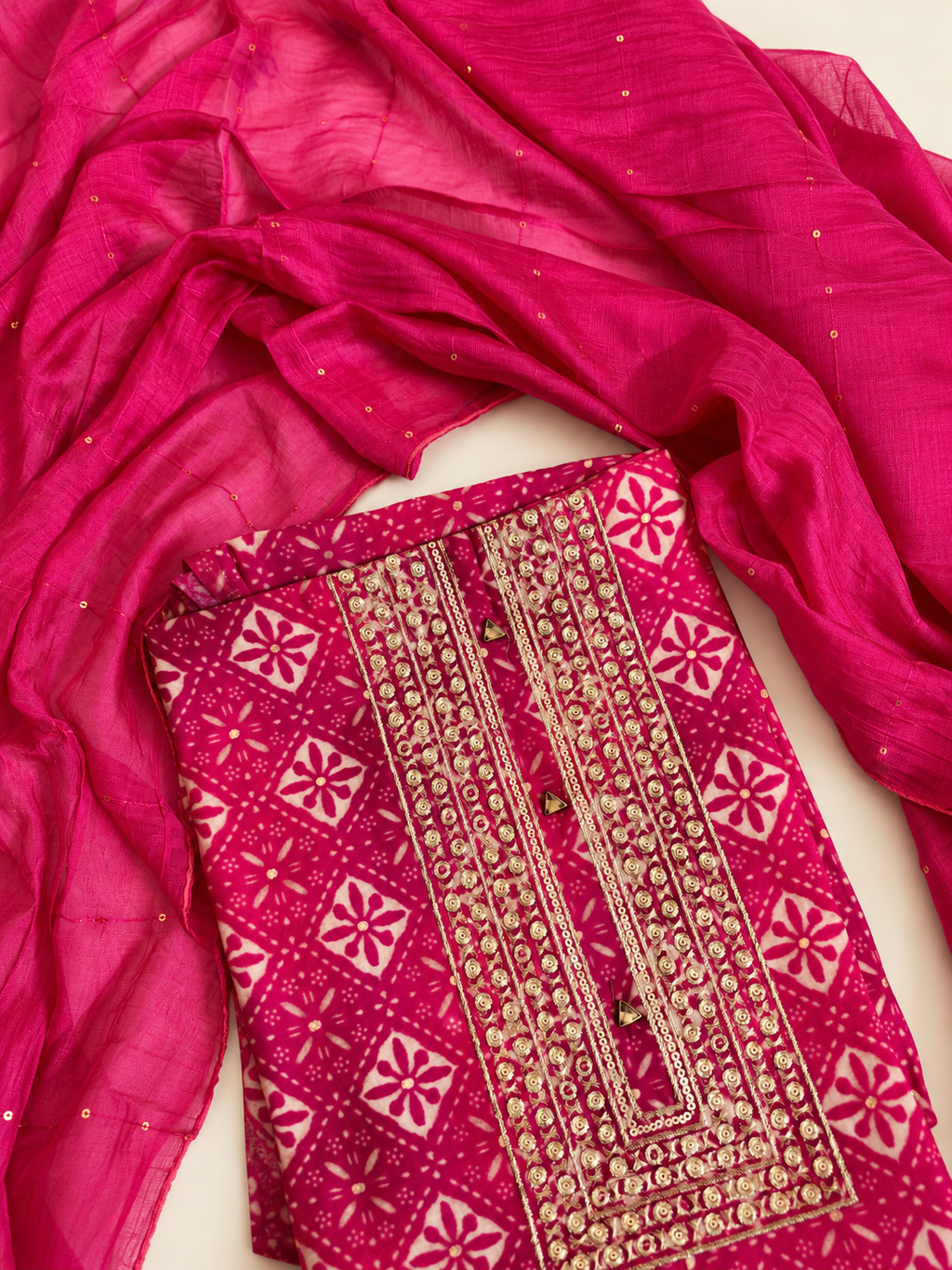 Rani Pink Printed Unstitched Suit Set with Gold Embellished Neckline & Matching Dupatta