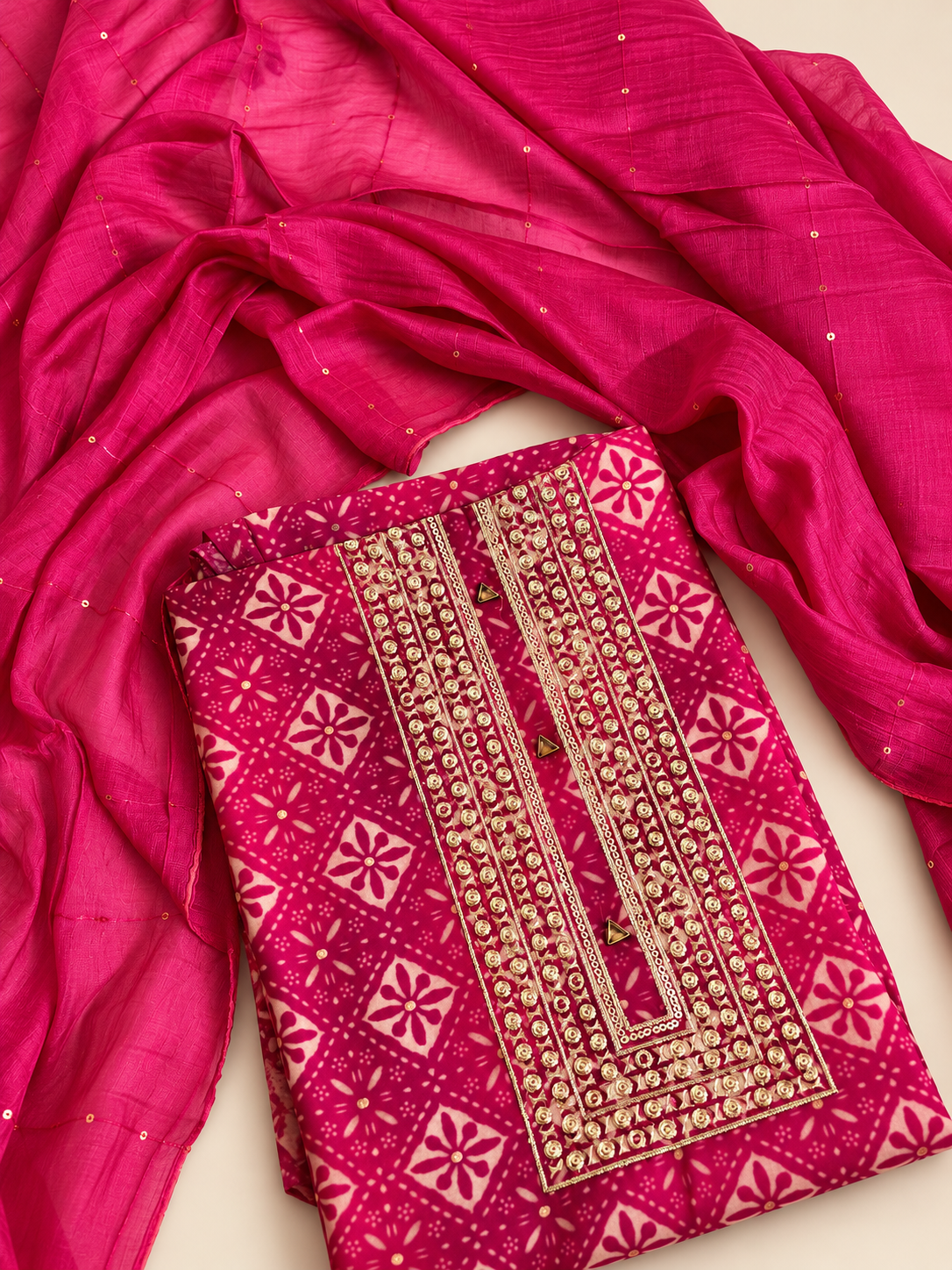 Rani Pink Printed Unstitched Suit Set with Gold Embellished Neckline & Matching Dupatta
