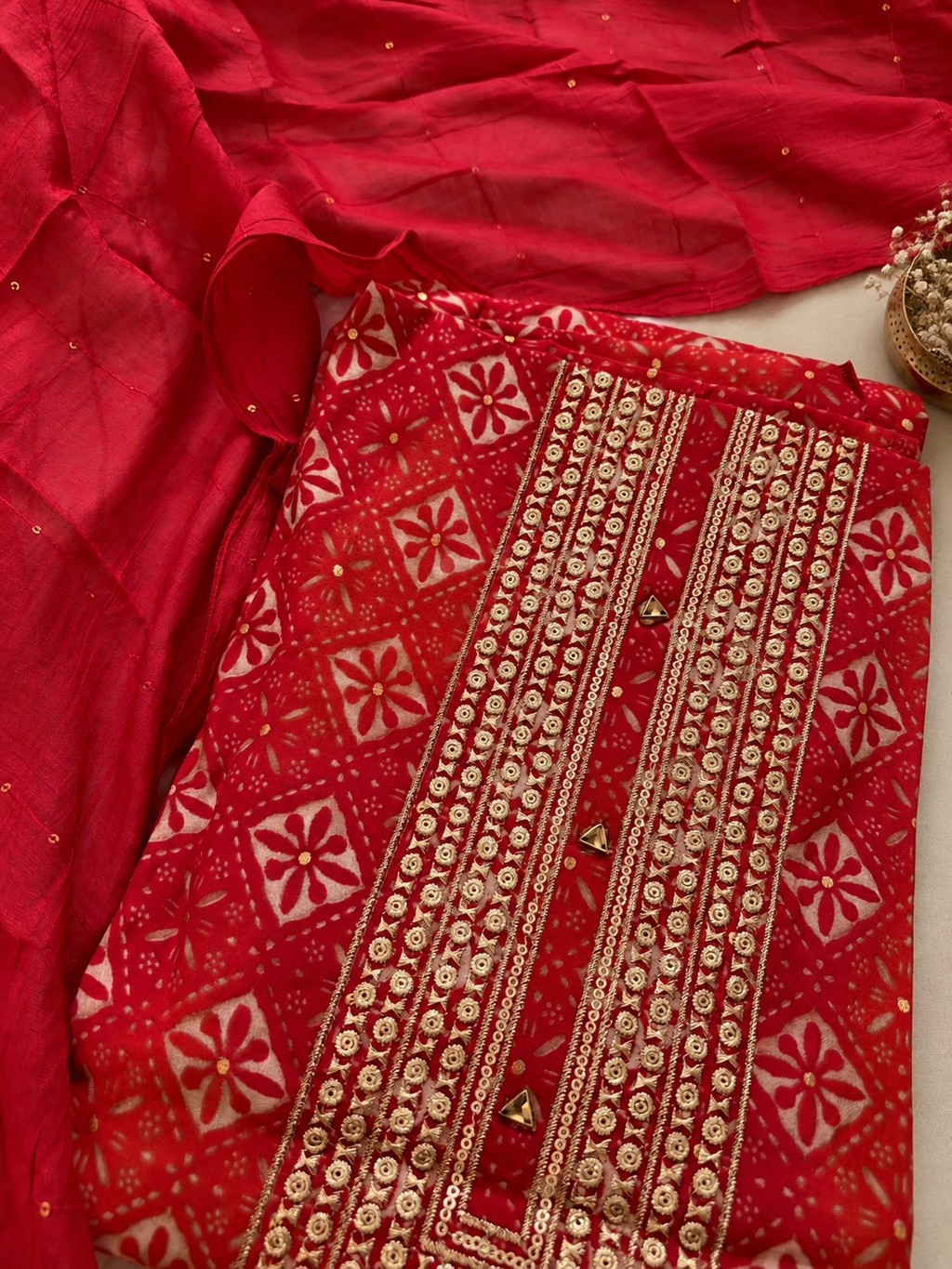 Red Printed Embroidered Unstitched Suit Set