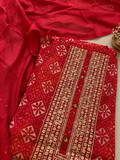 Red Printed Embroidered Unstitched Suit Set