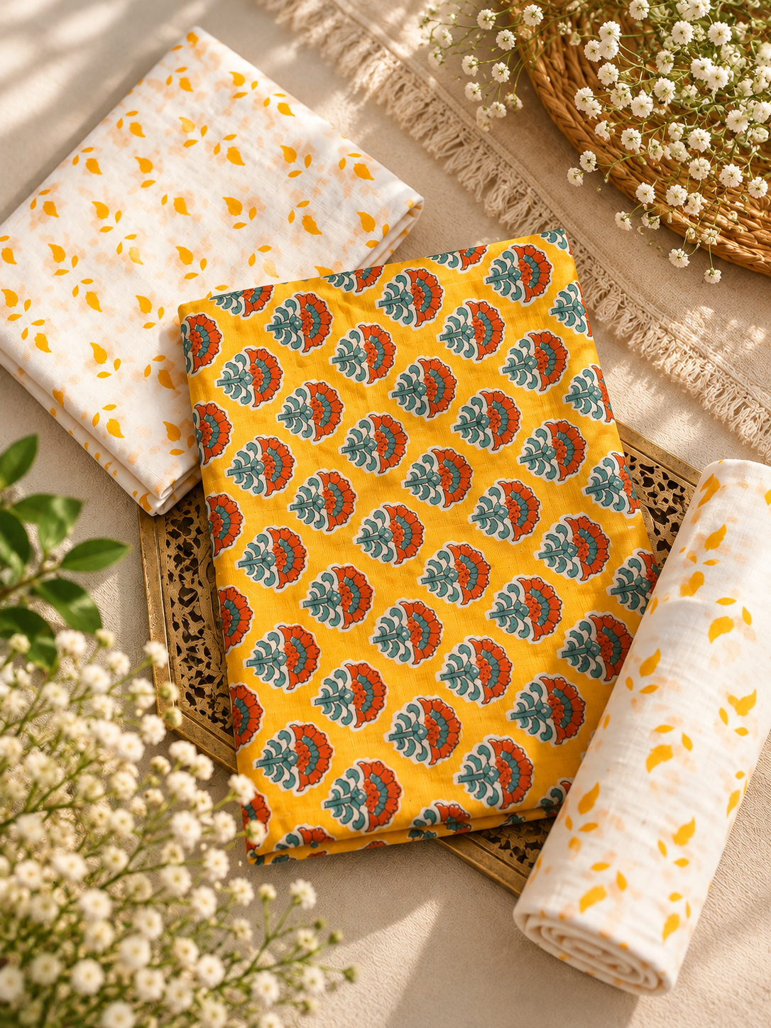 Mustard Yellow Hand Block Print Cotton Unstitched Suit Set – 3 Piece
