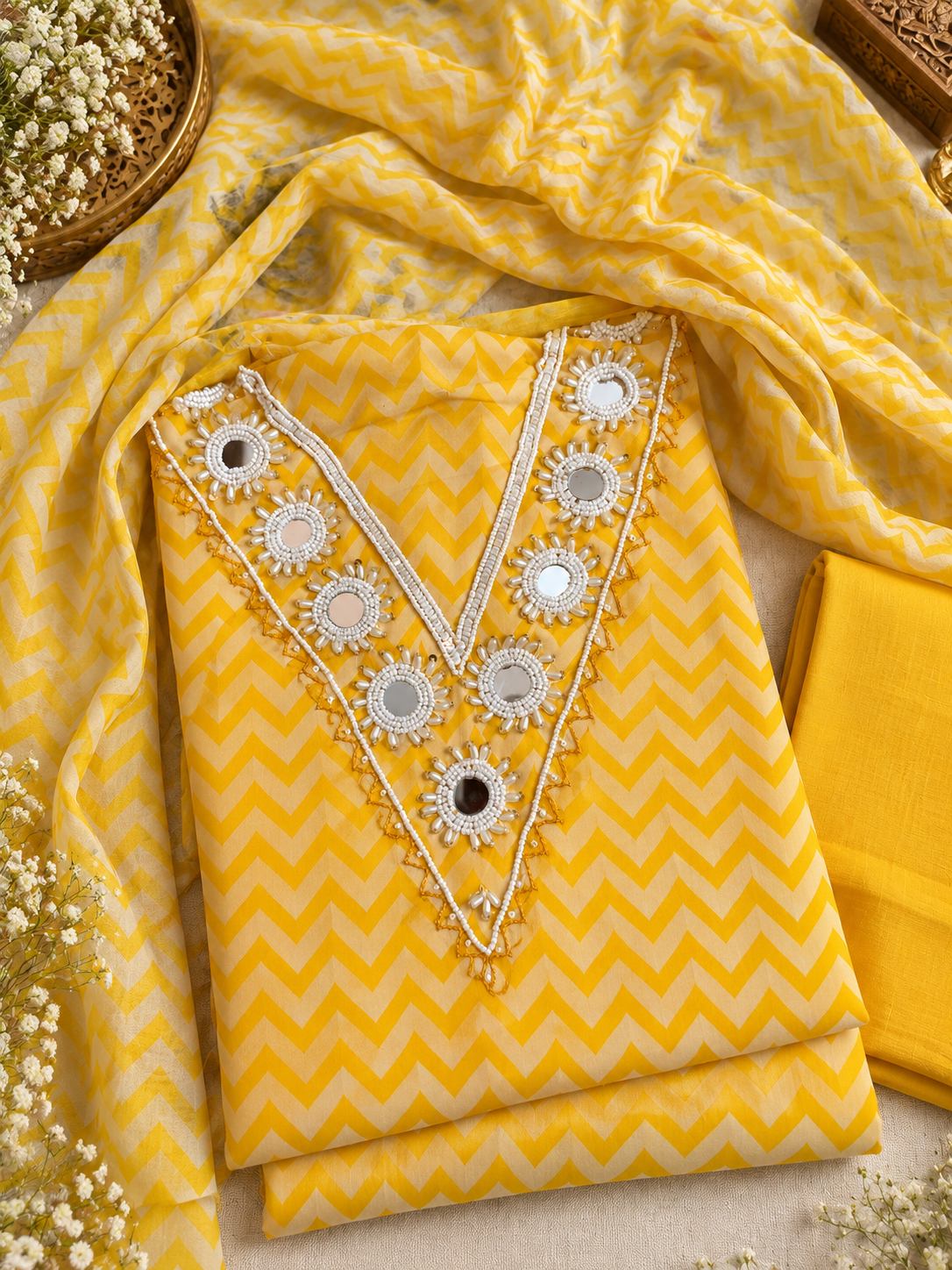 Mustard Yellow Chevron Mirror Work Suit Set