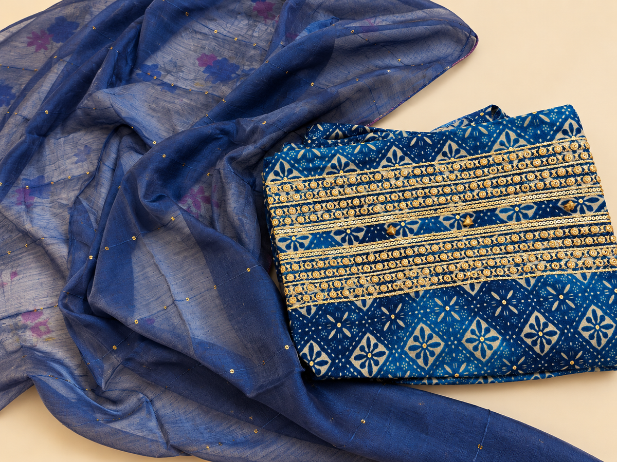Blue Printed Unstitched Suit Set with Gold Embellished Neckline & Sequined Dupatta
