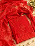 Red Mul Cotton Appliqué Work Unstitched Suit with Embroidered Dupatta