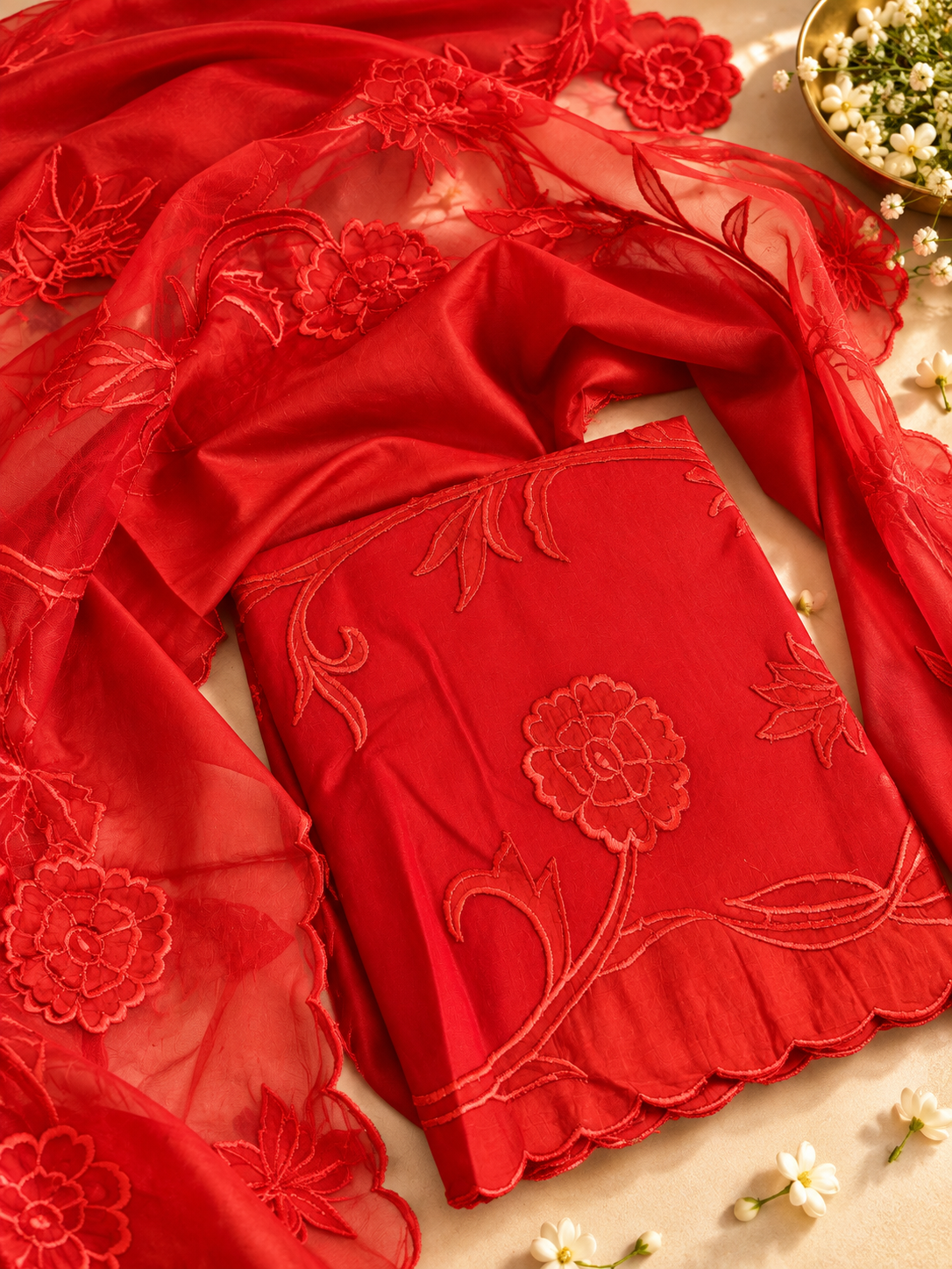 Red Mul Cotton Appliqué Work Unstitched Suit with Embroidered Dupatta