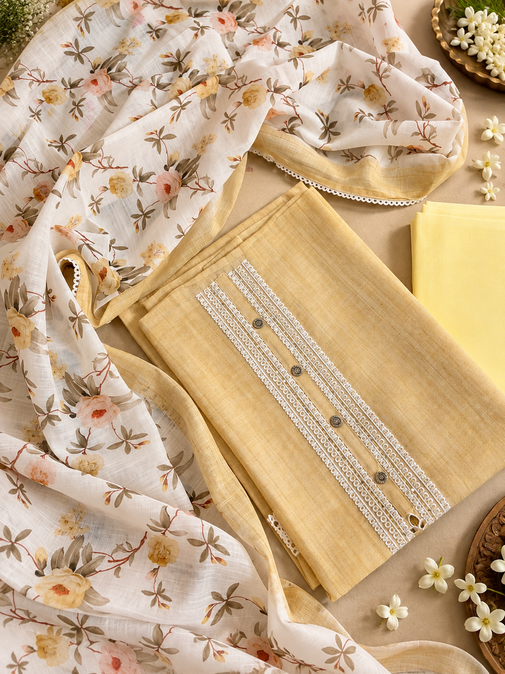 Light Yellow Linen Embroidered Unstitched Suit with Floral Dupatta