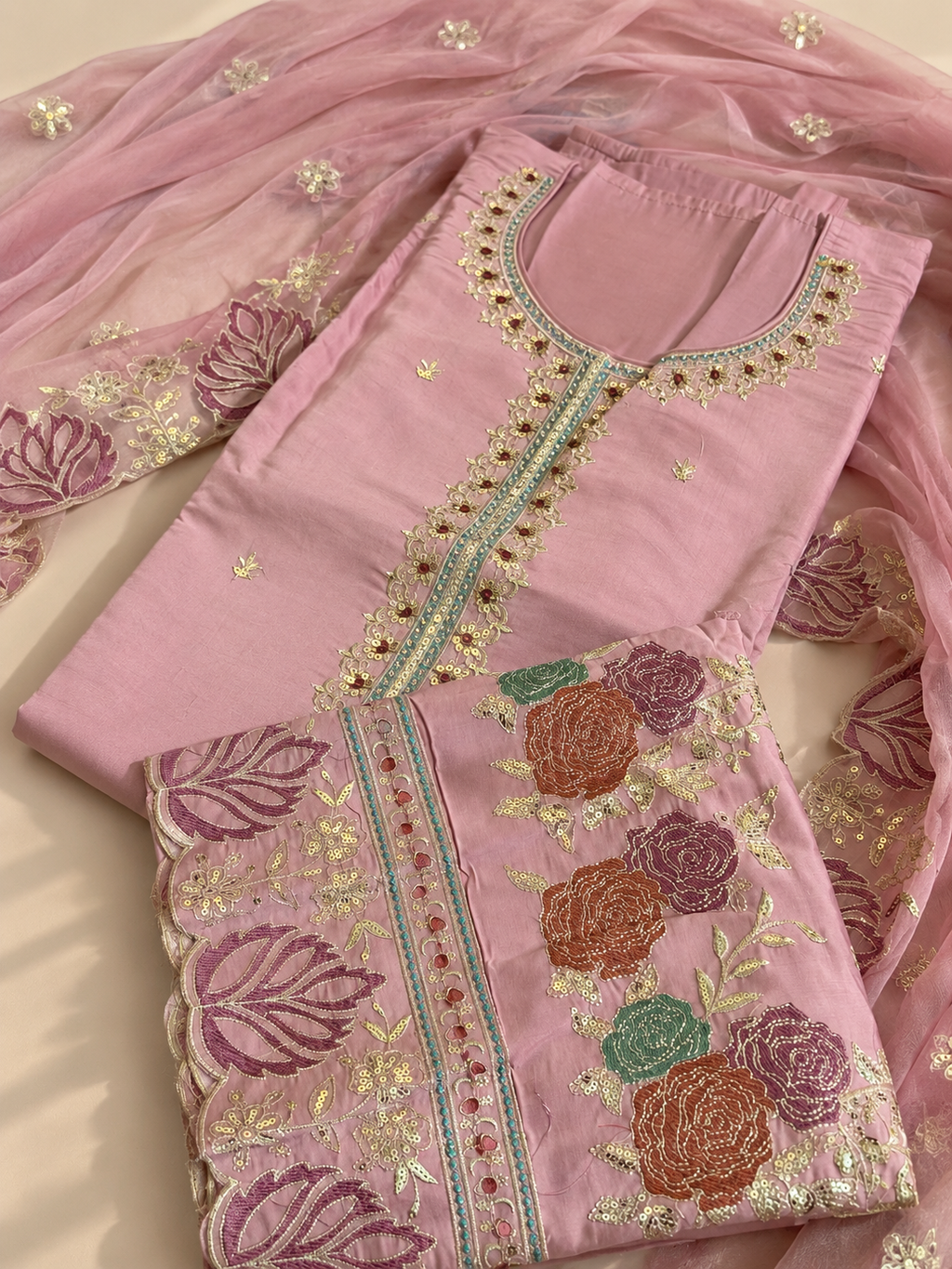 Dusty Pink Embroidered Unstitched Suit Set