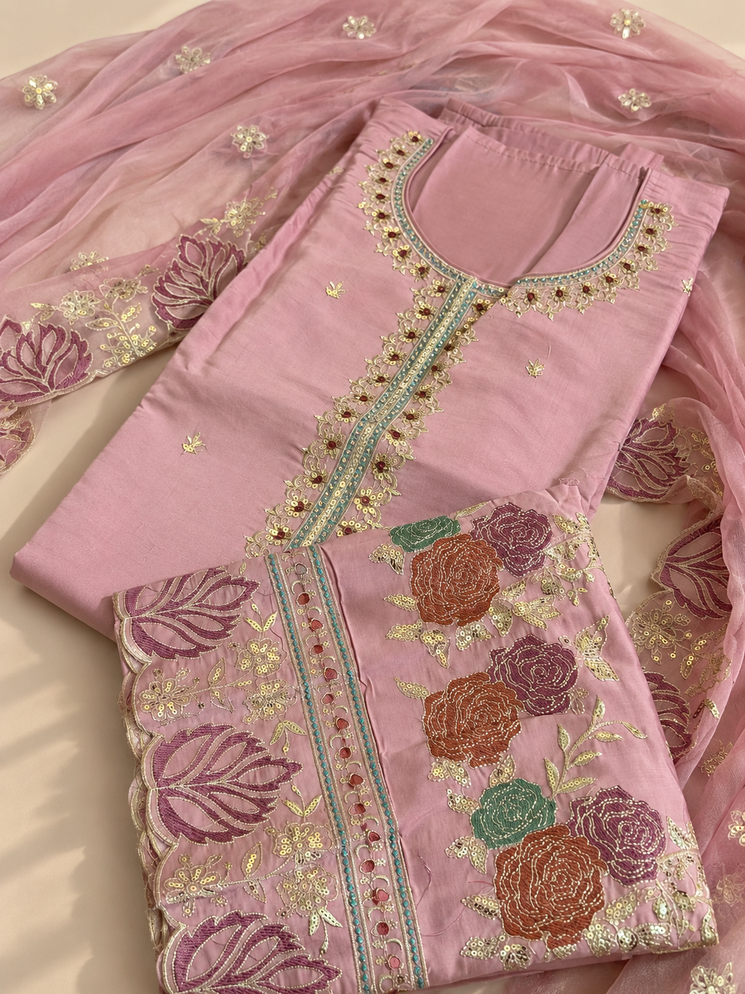 Dusty Pink Embroidered Unstitched Suit Set
