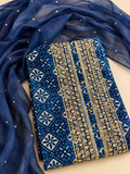 Blue Printed Unstitched Suit Set with Gold Embellished Neckline & Sequined Dupatta