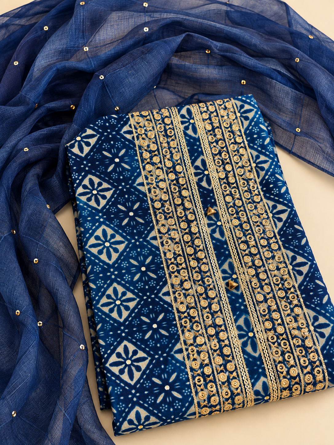 Blue Printed Unstitched Suit Set with Gold Embellished Neckline & Sequined Dupatta