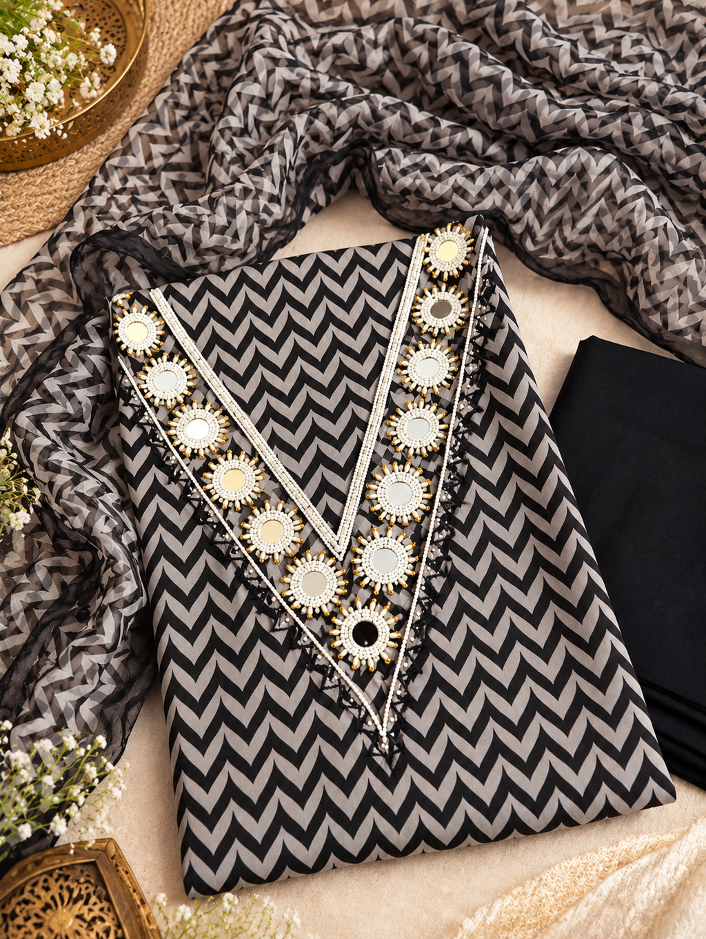 Black & Grey Chevron Mirror Work Suit Set