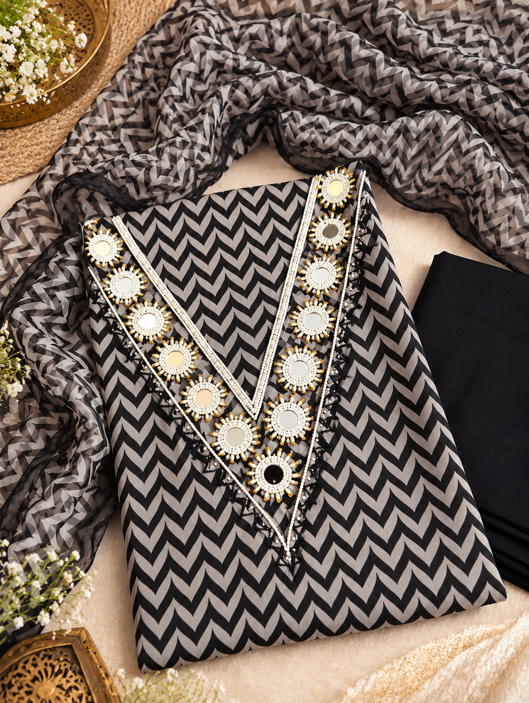 Black & Grey Chevron Mirror Work Suit Set
