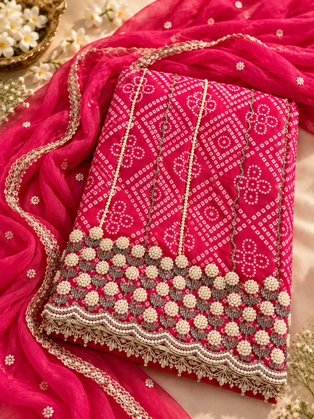 Pink Unstitched Suit Set with Pearl Embellishments & Golden Border Dupatta