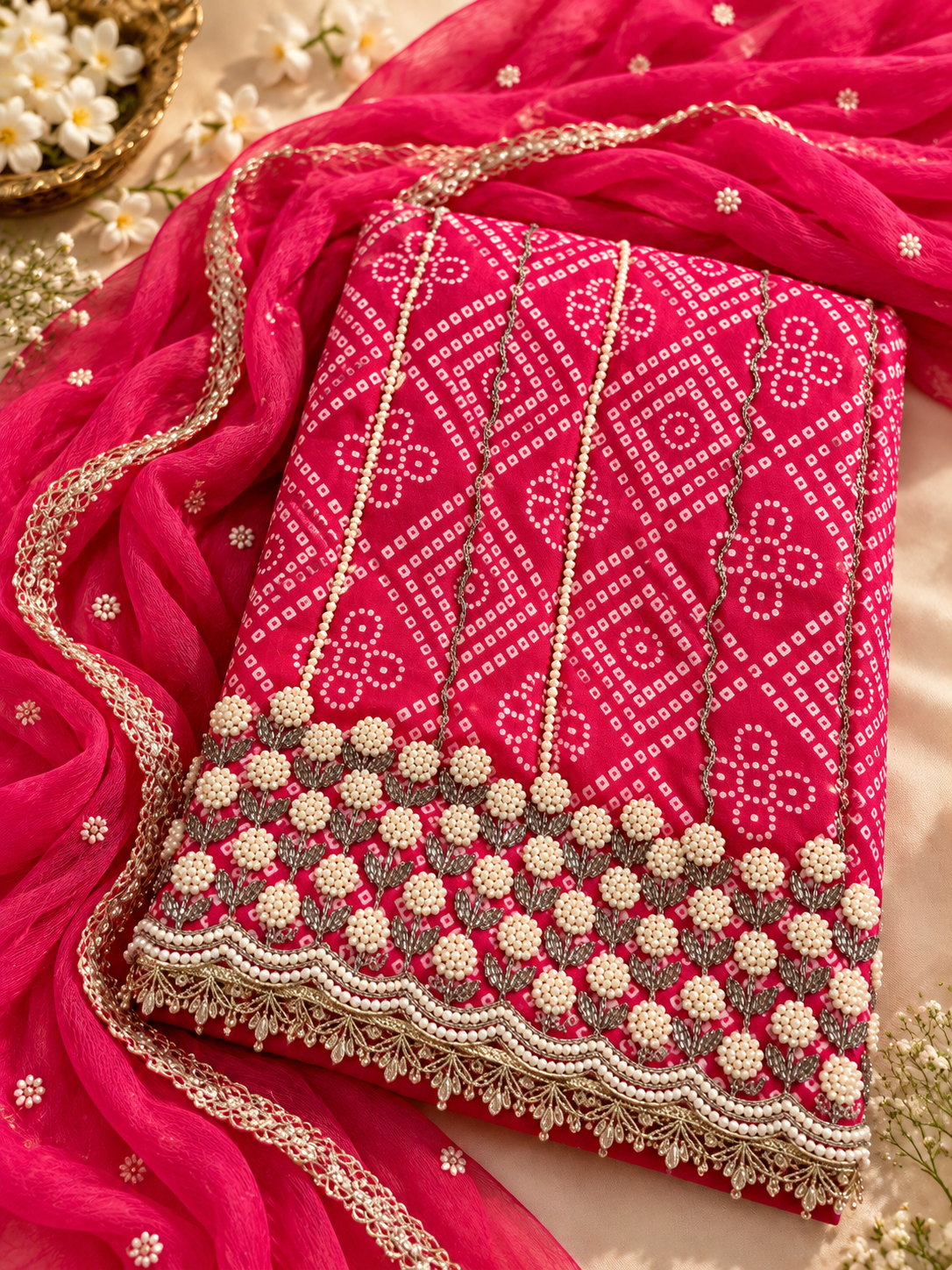 Pink Unstitched Suit Set with Pearl Embellishments & Golden Border Dupatta
