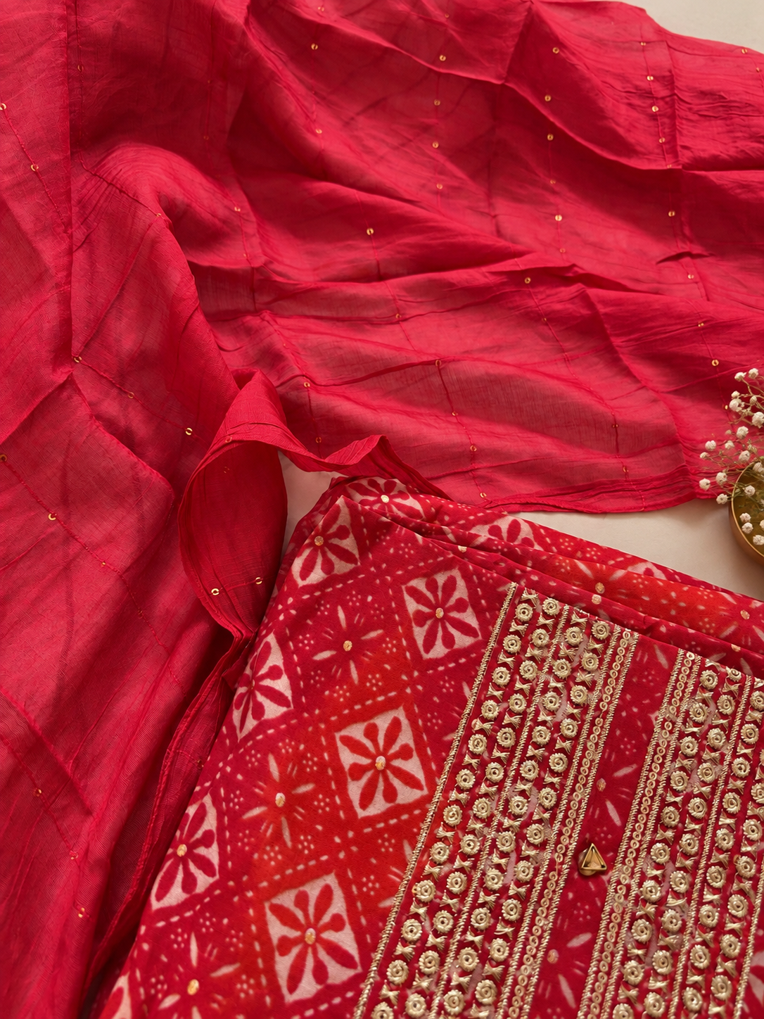 Red Printed Embroidered Unstitched Suit Set