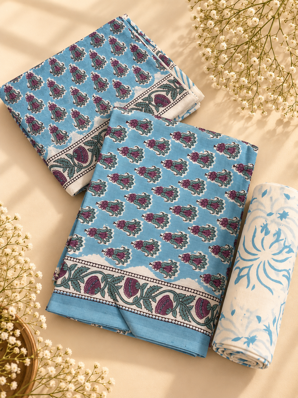 Blue Hand Block Print Cotton Unstitched Suit Set – 3 Piece