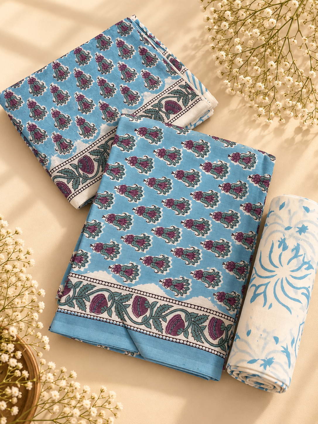 Blue Hand Block Print Cotton Unstitched Suit Set – 3 Piece