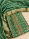 Bottle Green Jacquard Unstitched Suit Set with Gold Woven Detailing & Dupatta