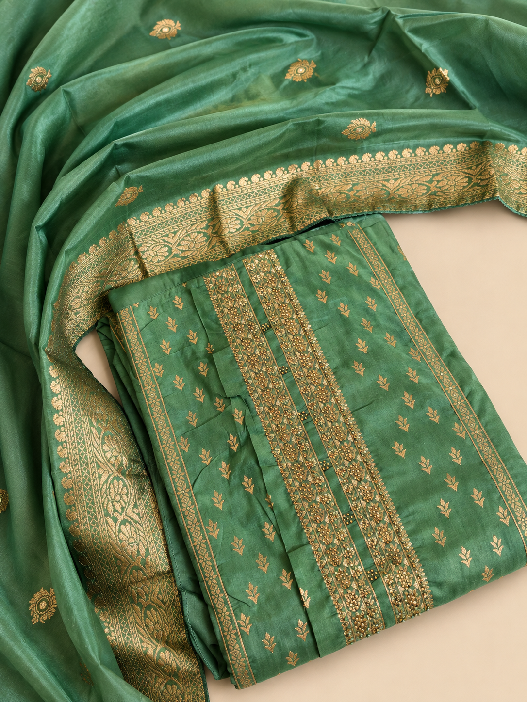Bottle Green Jacquard Unstitched Suit Set with Gold Woven Detailing & Dupatta