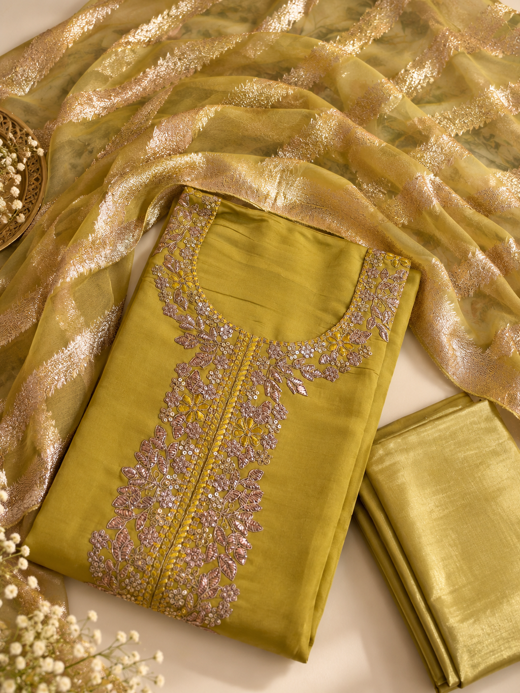 Yellow Embroidered Unstitched Suit Set