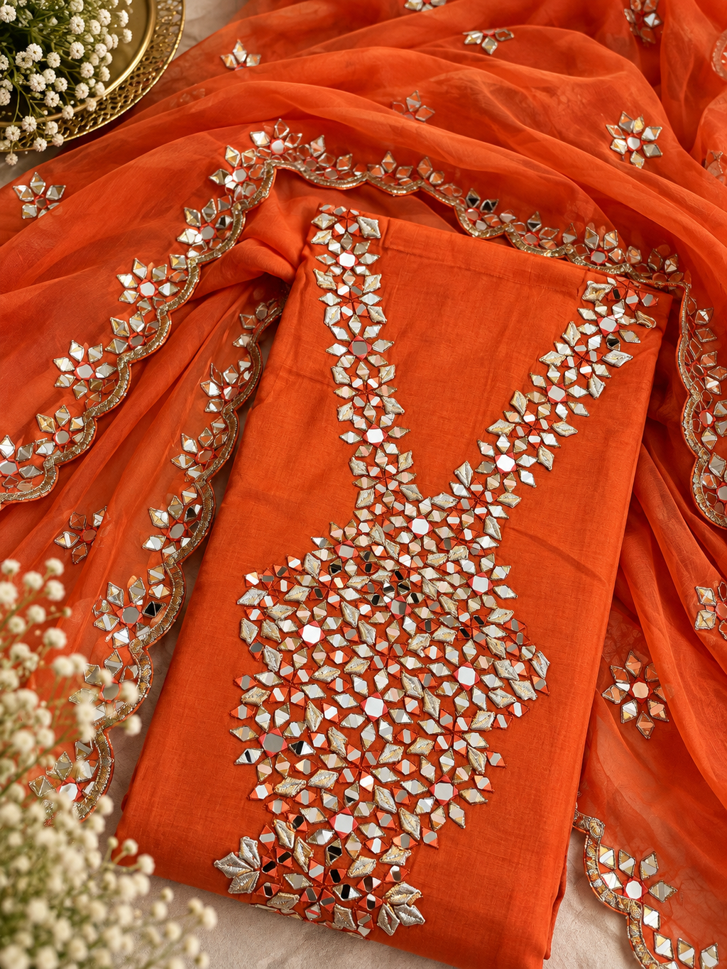 Orange Mul Cotton Gotta Work Unstitched Suit Set