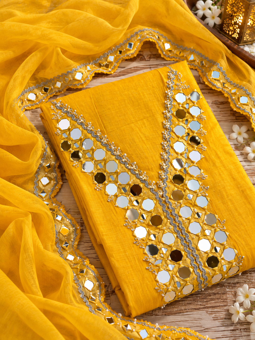 Yellow Mul Cotton Mirror Work Unstitched Suit Set with Dupatta