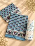 Blue Hand Block Print Cotton Unstitched Suit Set – 3 Piece