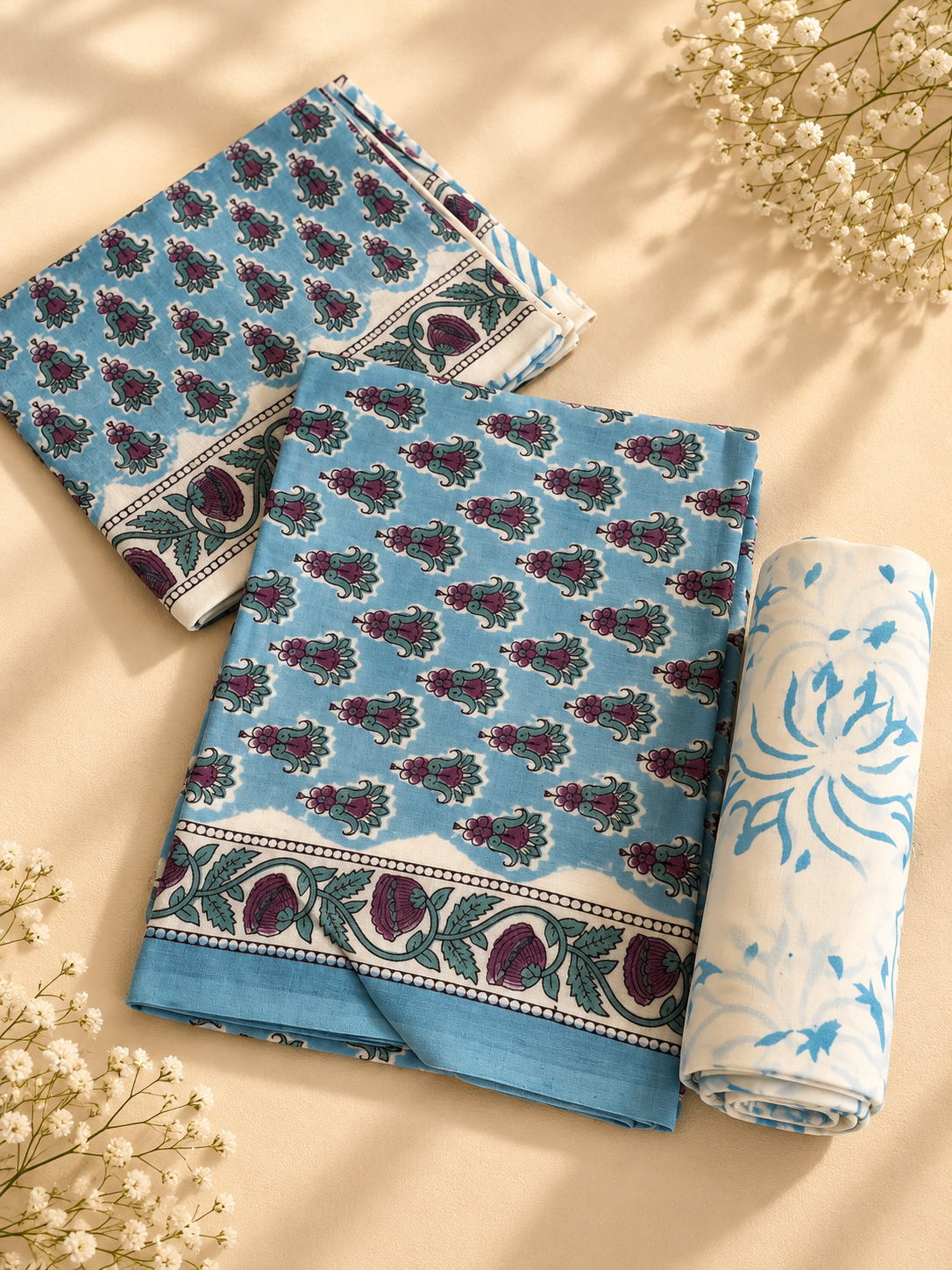 Blue Hand Block Print Cotton Unstitched Suit Set – 3 Piece