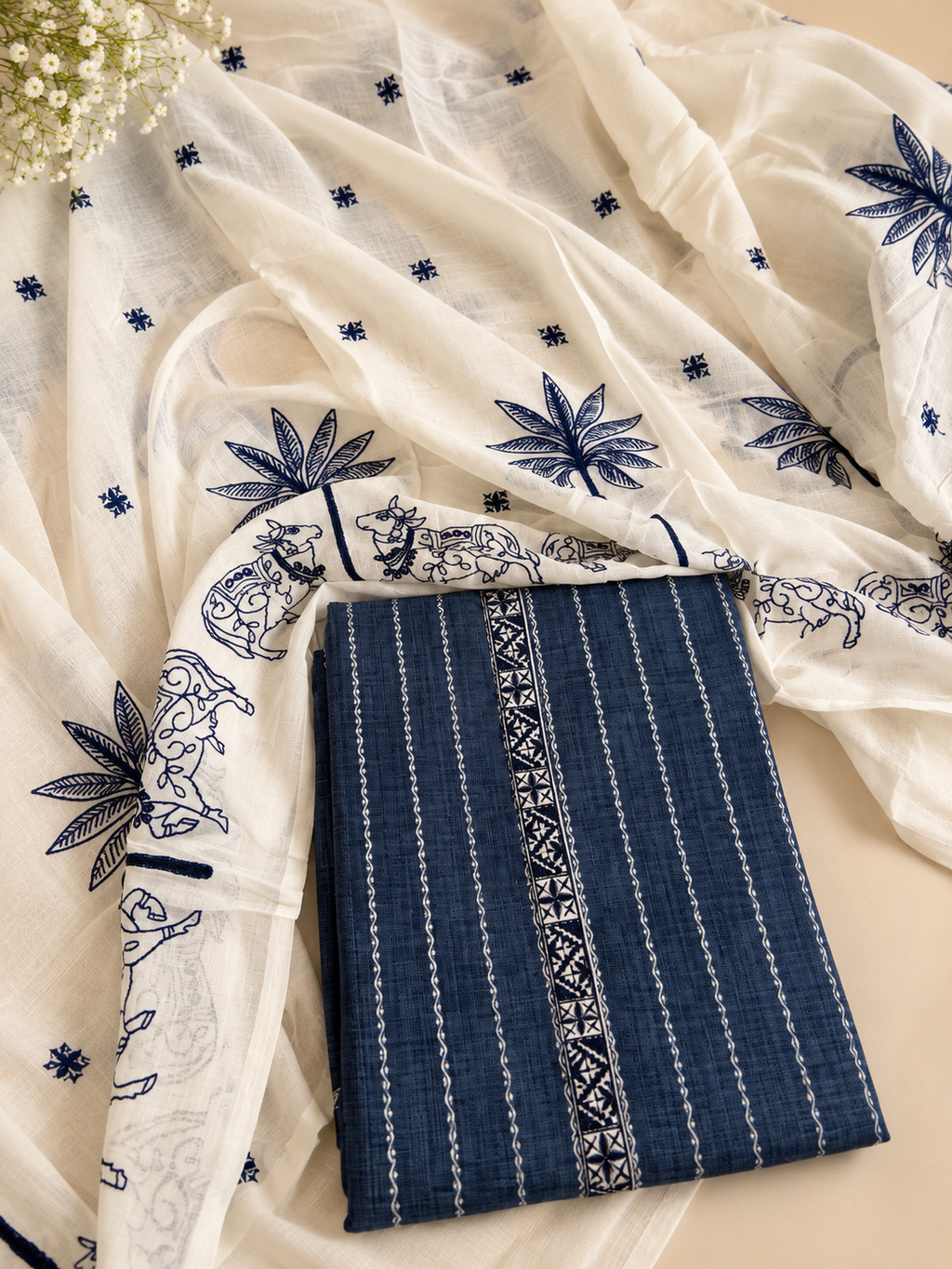 Ivory & Navy Blue Printed Unstitched Suit Set