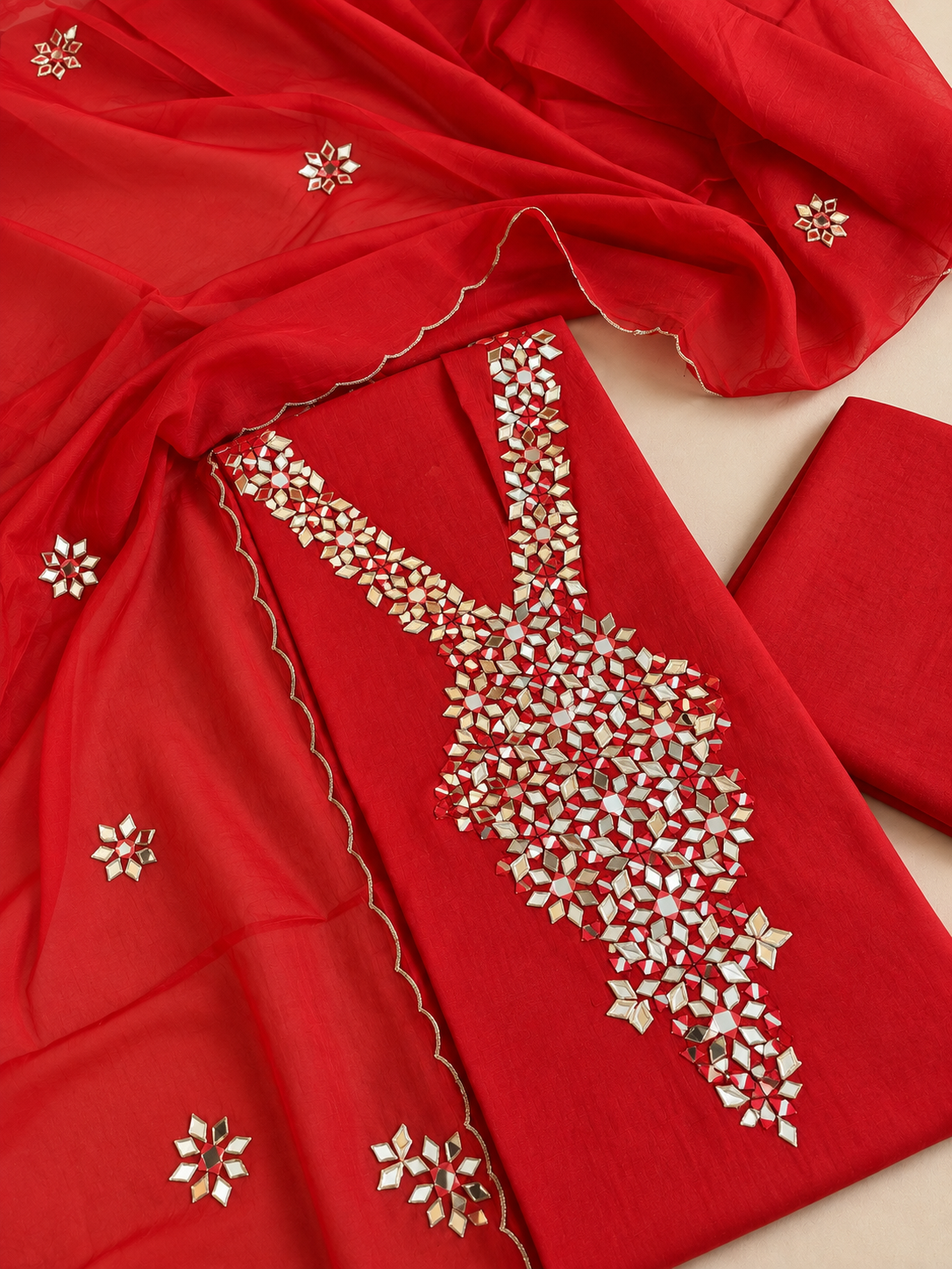 Red Mul Cotton Gota Work Suit Set
