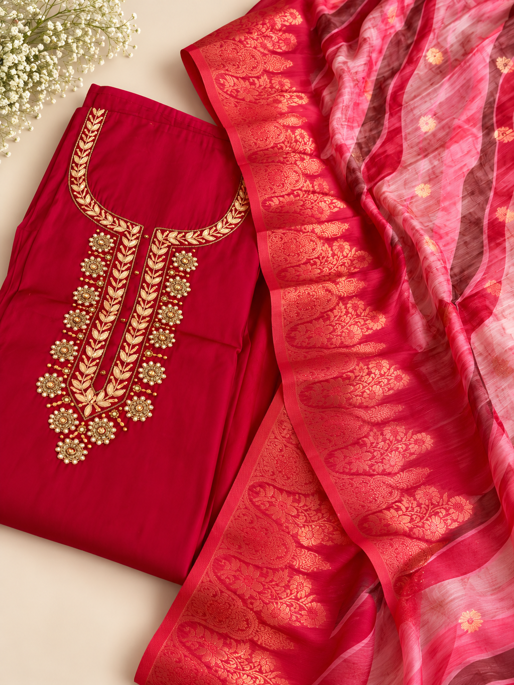 Ruby Red Embroidered Unstitched Suit Set