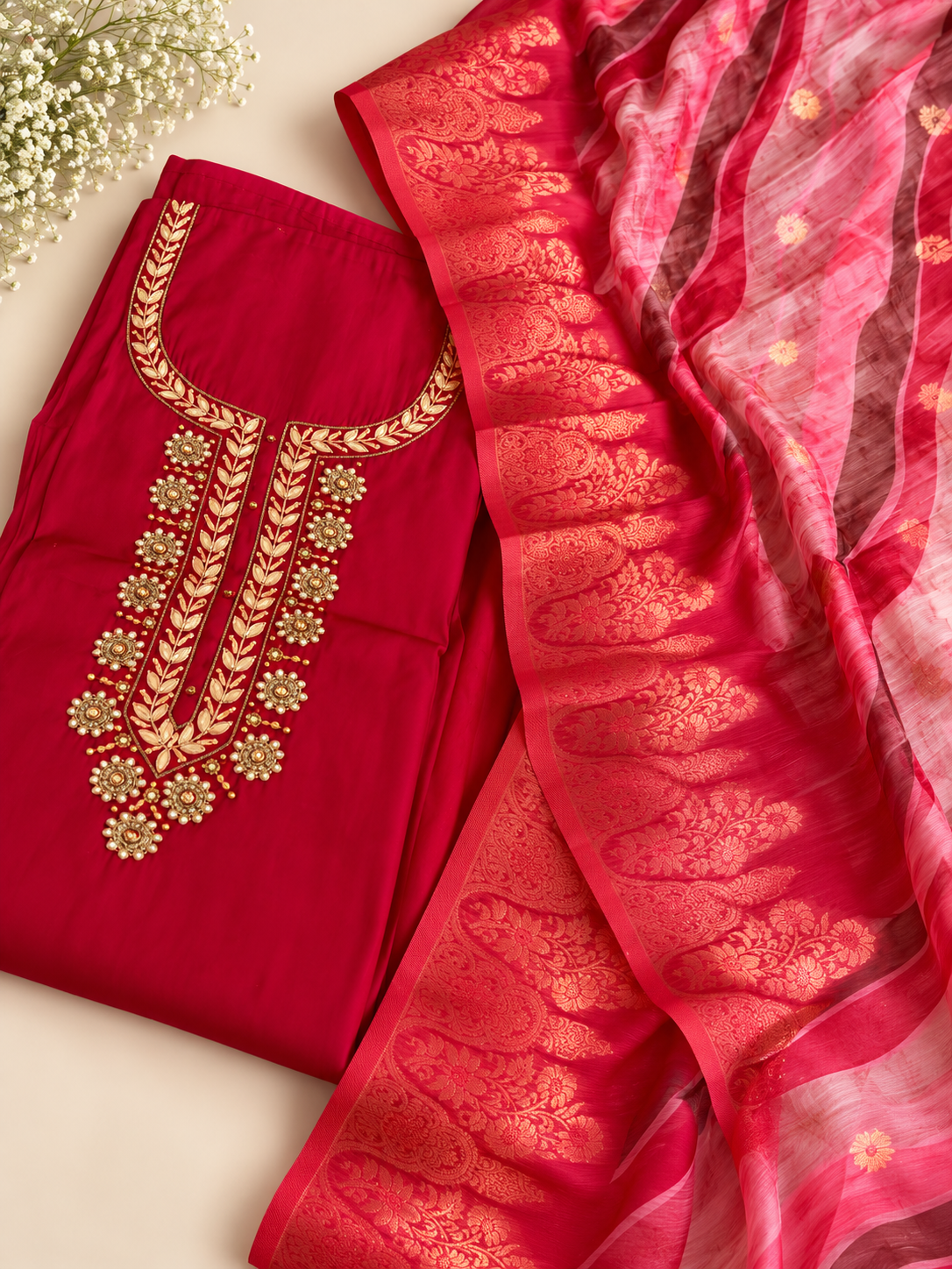 Ruby Red Embroidered Unstitched Suit Set