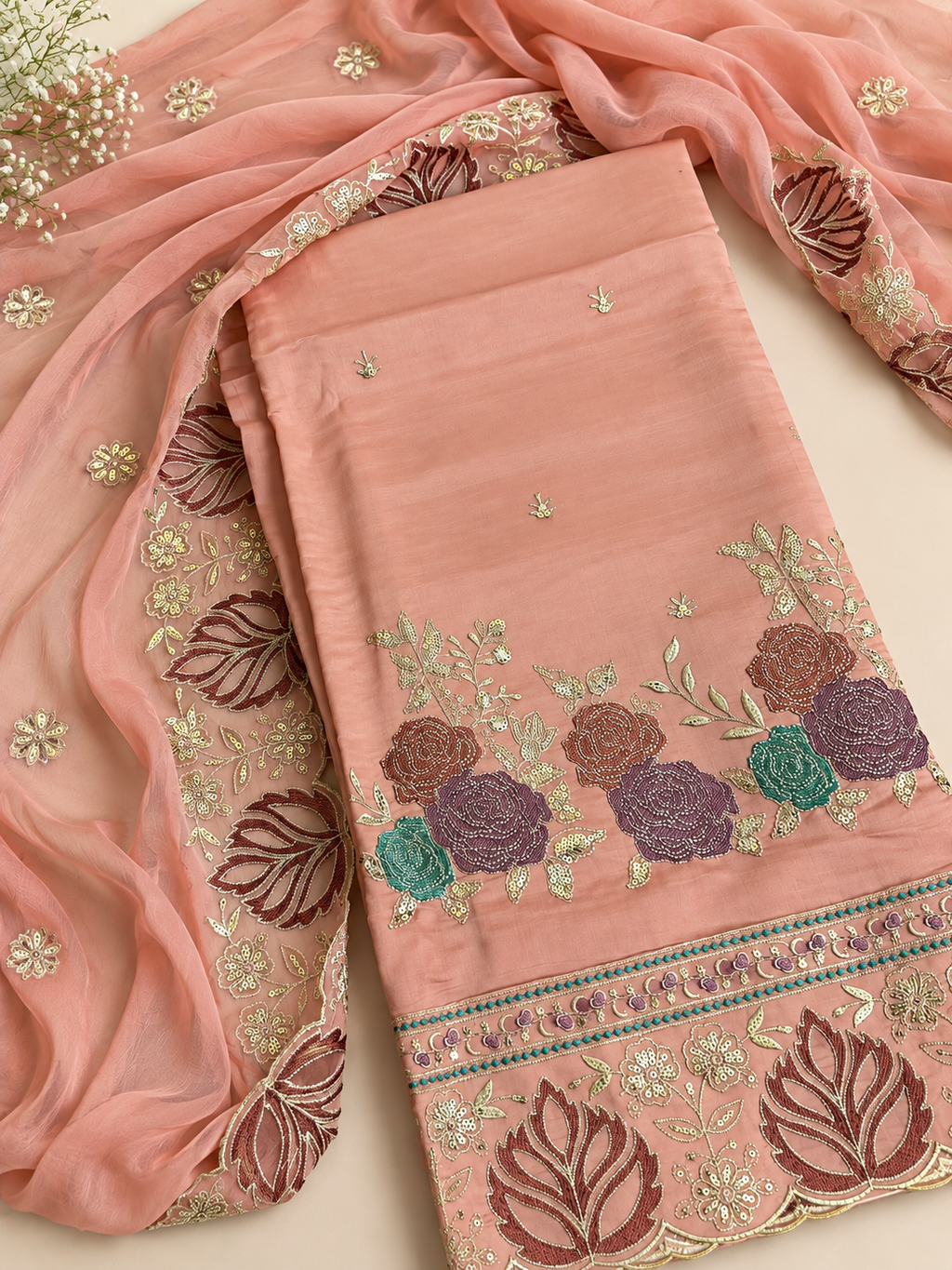 Peach Floral Embroidered Unstitched Suit Set