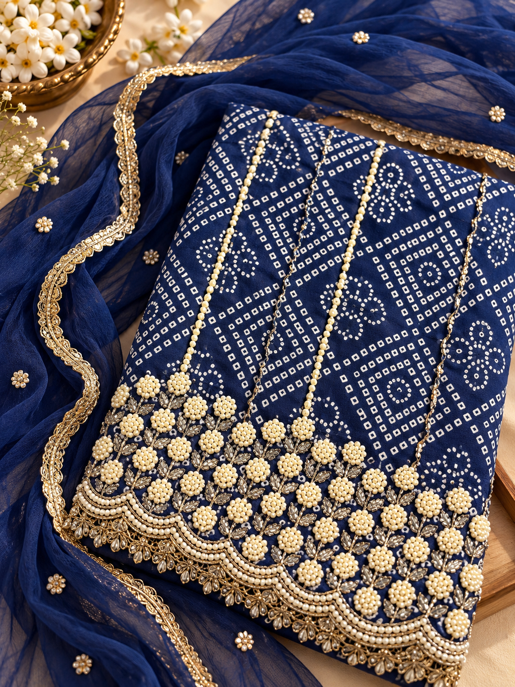 Royal Blue Unstitched Suit Set with Pearl Embellishments & Golden Border Dupatta