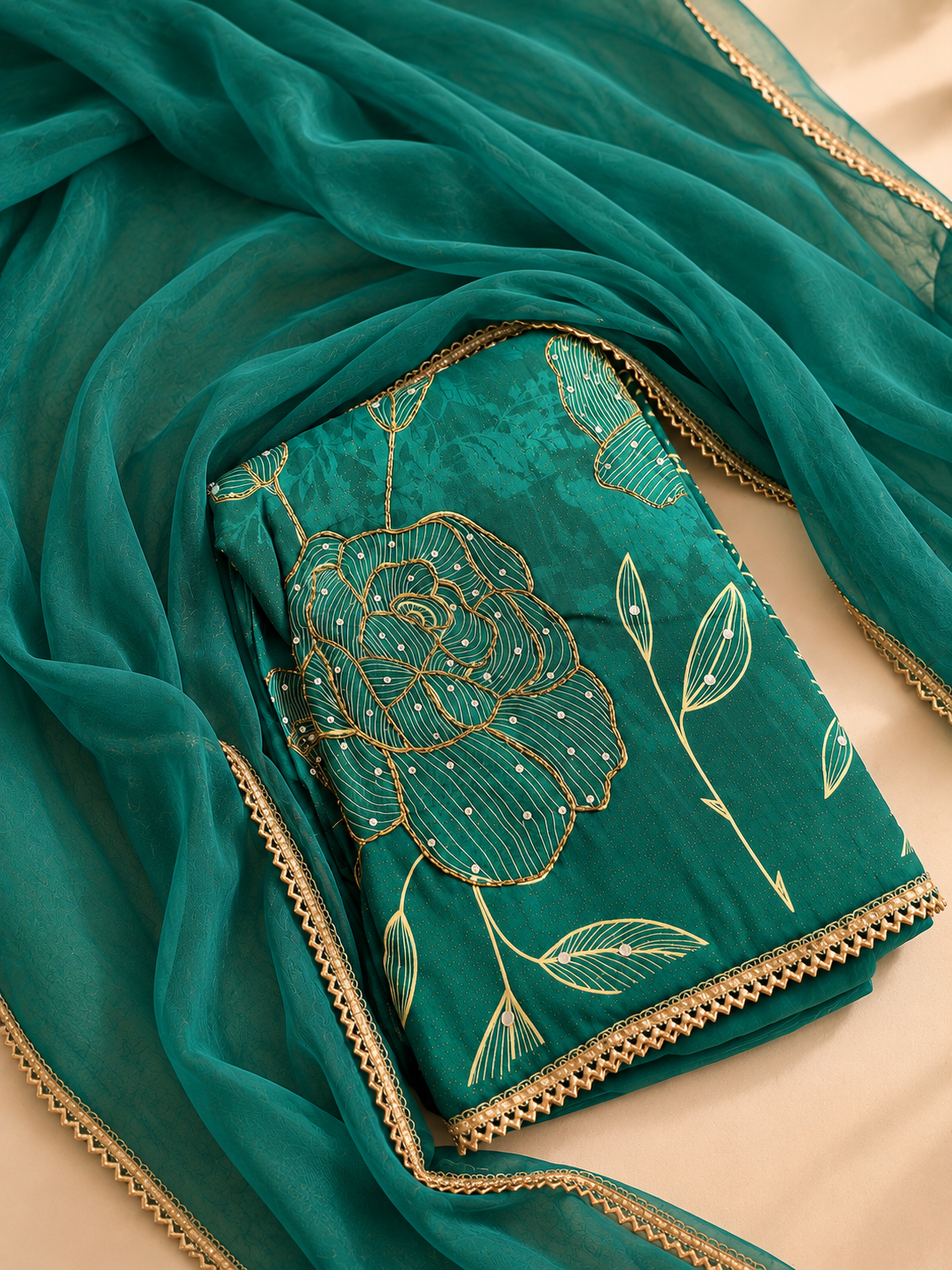 Teal Floral Embroidered Suit Set
