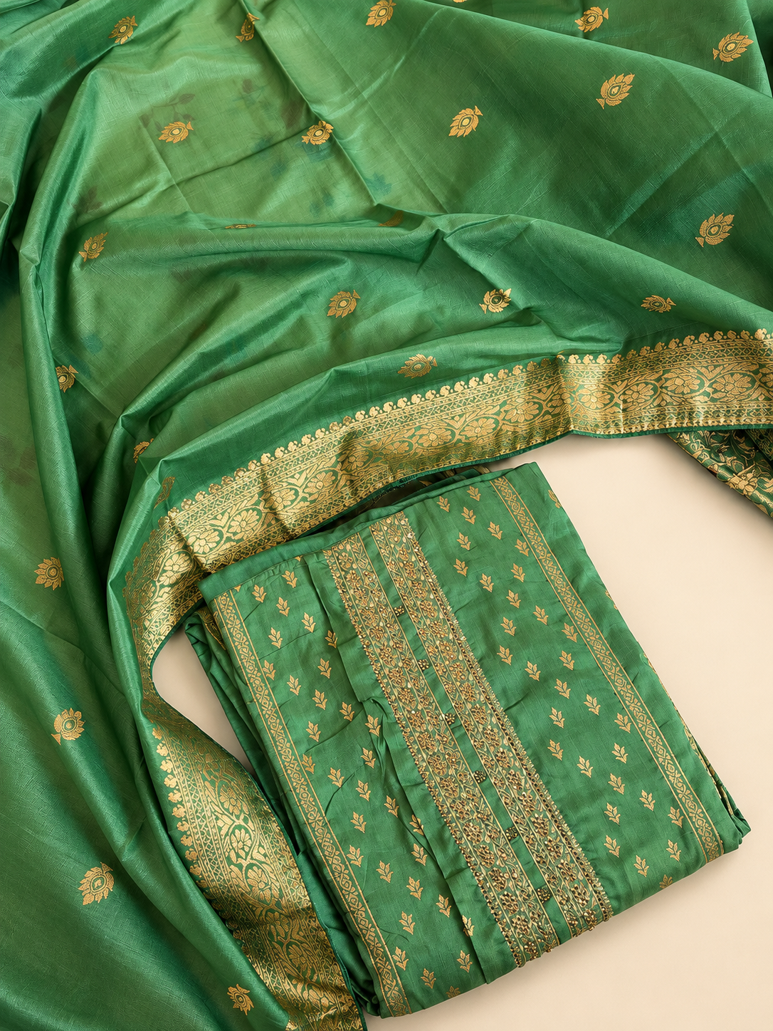 Bottle Green Jacquard Unstitched Suit Set with Gold Woven Detailing & Dupatta